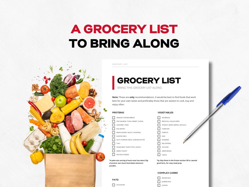 May include: A printable grocery list with checkboxes for different food categories, including proteins, vegetables, fats, and complex carbs. The list is titled "Grocery List" and has the text "Bring this grocery list along". A bag of groceries spills out of the top of the page, including fresh produce, meat, and dairy products.