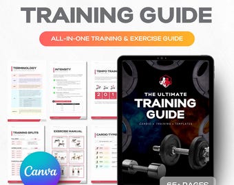 Plantilla de guía de entrenamiento físico integral, manual de biblioteca de fitness, ebook con imágenes demostrativas, entrenador personal y logotipo personalizado.