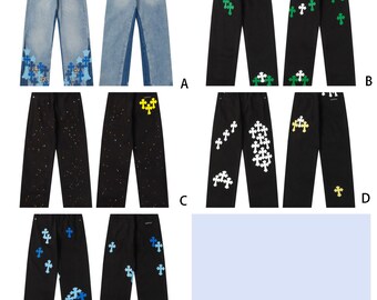 multi cross denim jeans fleur knee crosses blue/green rare cross trousers, summer jeans for him