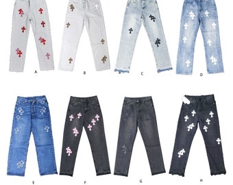 Cross Black Denim Jeans Mit weißen Tricolor Cross Patches, Blue Jeans zum Geburtstagsgeschenk