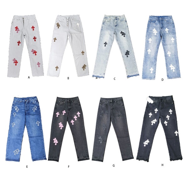 Cross Black Denim Jeans With white Tricolor Cross Patches, blue jeans for  birthday gift