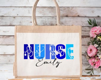 Custom Nurse Jute Tote Bag, Personalized Nurse Tote Bag, Nurse Graduation Gift, Personalized Nurse Gift, Nurse Assistant Jute Tote Bag