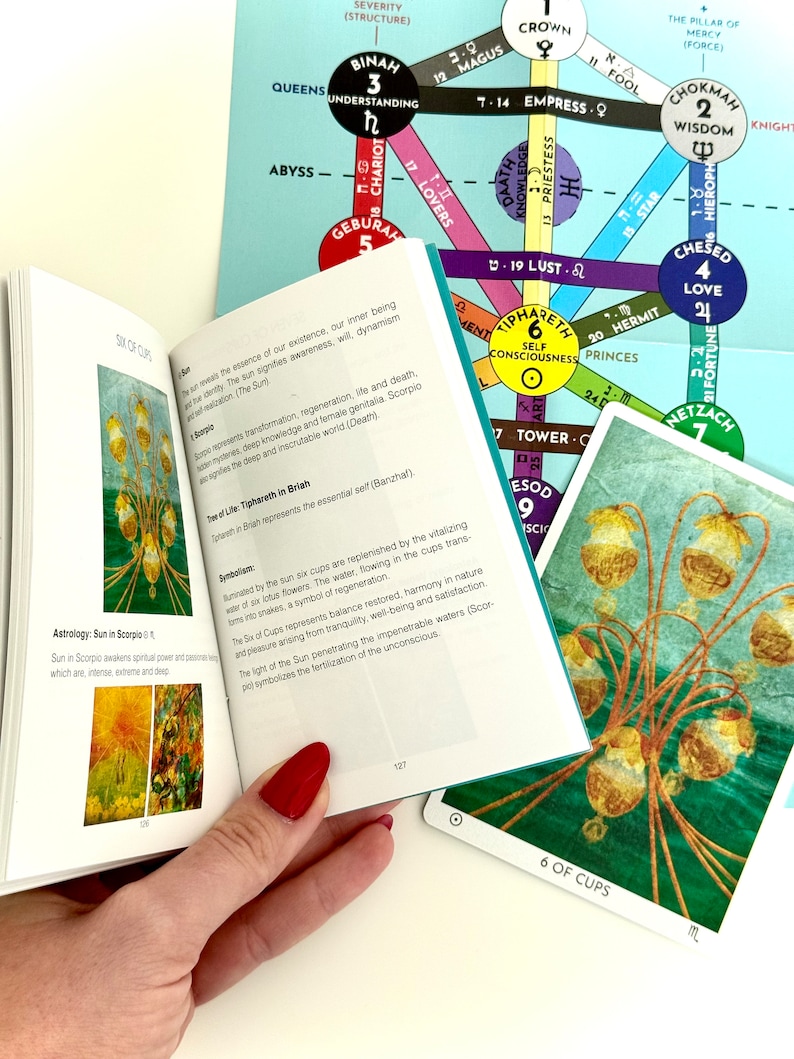 May include: A tarot card with a green background and a yellow flower with six cups. The card is labeled "6 of Cups".
