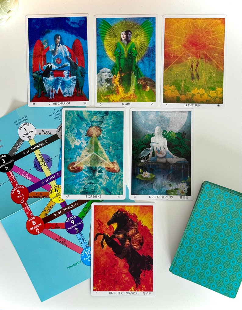 May include: Tarot cards spread out on a blue surface. The cards include The Chariot, Art, The Sun, 3 of Disks, Queen of Cups, and Knight of Wands. A teal blue deck of cards is in the bottom right corner.