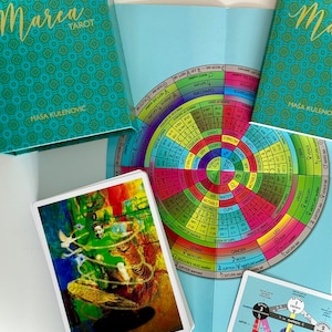 May include: A tarot deck with a colorful wheel of fortune design. The wheel features astrological signs, planets, and tarot suit symbols. The deck is called "Marca Tarot" and is by Masa Kulenović.