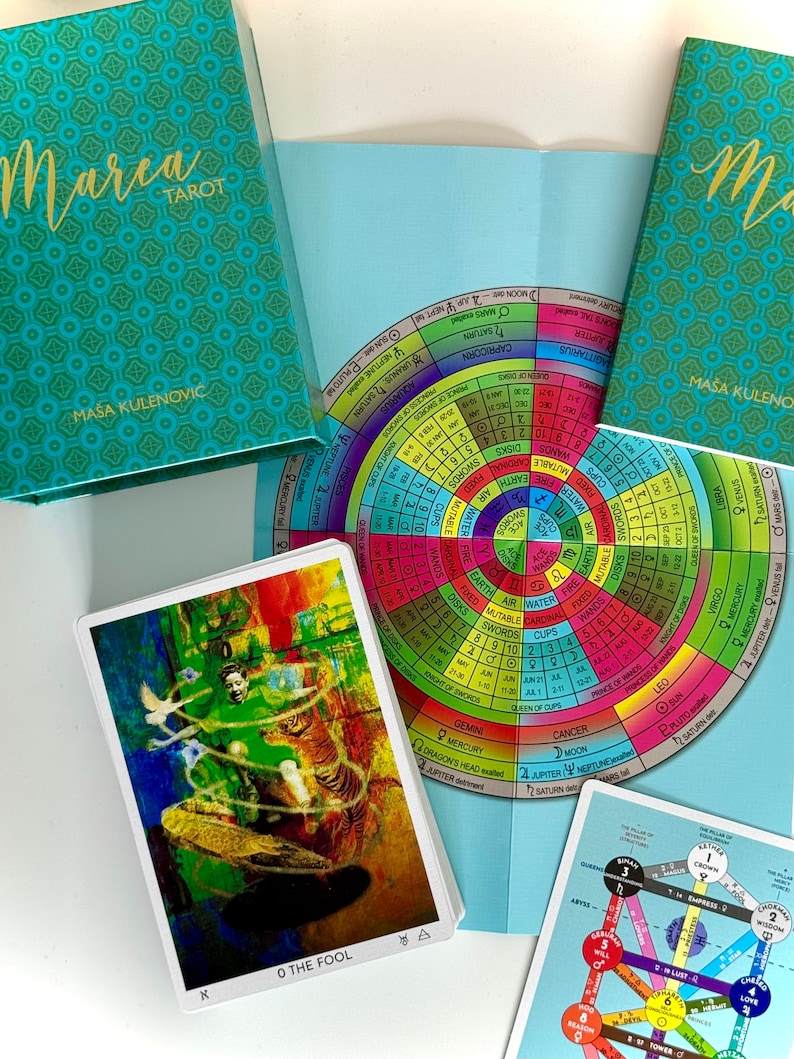 May include: A tarot deck with a colorful wheel of fortune design. The wheel features astrological signs, planets, and tarot suit symbols. The deck is called "Marca Tarot" and is by Masa Kulenović.