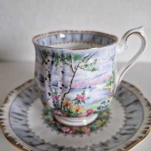 May include: A vintage teacup and saucer set with a floral pattern featuring a lake scene with birch trees and pink flowers. The saucer has a gray and white pattern with a gold trim.