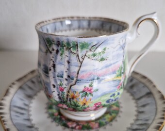 Può includere: Un set vintage di tazza da tè e piattino con un motivo floreale che rappresenta una scena di lago con betulle e fiori rosa. Il piattino ha un motivo grigio e bianco con un bordo dorato.