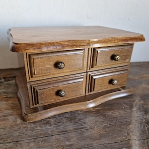 Gorgeous handmade Jewelry-Box, chest of drawers, vtg. 70s, solid wood, yellow interior, several compartments, very good vintage condition