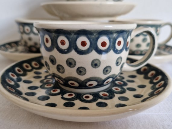Boleslawiec, Bunzlau Castle, Hand-painted Polish Pottery Cup and Saucer