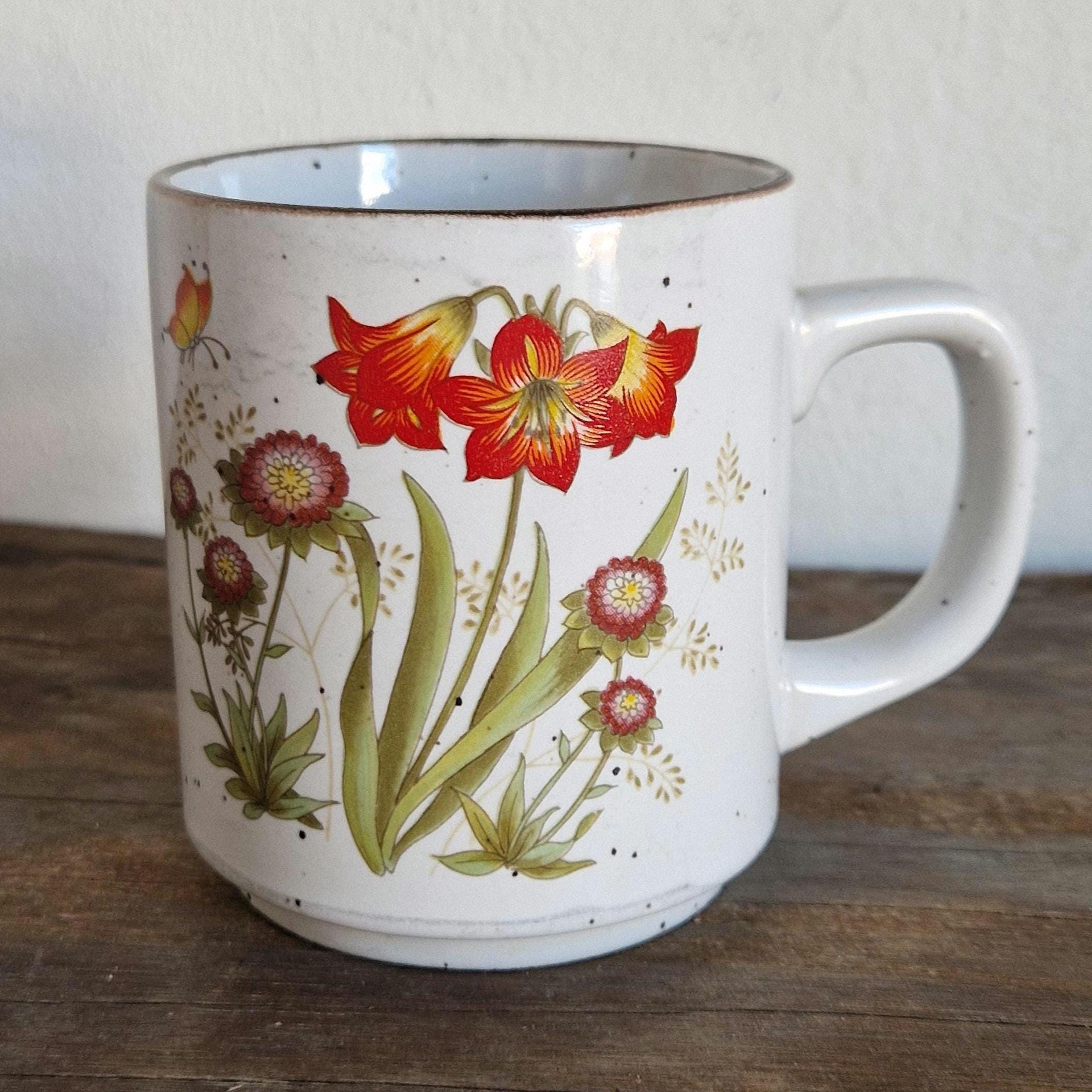 Vtg. Speckled Ceramic Mug, Wild Flowers, Japan, Seventies, Flower