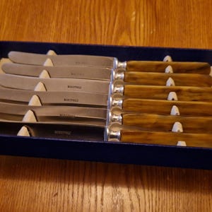 May include: Set of eight silver butter knives with brown wooden handles. The knives are in a blue velvet lined box. The knives are labelled "Robertville".