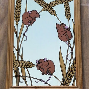 Vintage Cartoon Mirror in wood frame, very fun! MW Webb Field, Mice And Wheat Design, in very good condition