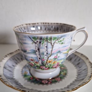 May include: A white teacup and saucer with a floral pattern featuring birch trees and a lake. The cup and saucer have a gold trim.
