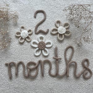 Accesorios neutros para fotos de hitos de bebé: números y meses de crochet; rastreador de crecimiento mensual para recién nacidos; decoración fotográfica de bebé hecha a mano.