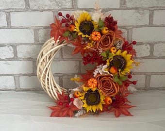 Autumn Sunflower & Pumpkin Wreath: Thanksgiving Harvest Decor
