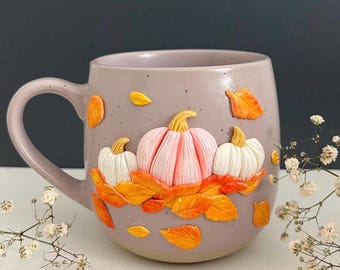 Taza de otoño con calabazas – Taza de arcilla polimérica hecha a mano - Taza de otoño