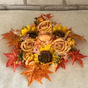 Fall Candle Centerpiece with Sunflowers and Pumpkins - Thanksgiving Candle Holder with Flowers and Leaves – Rustic Fall Decoration