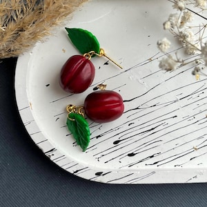 Polymer clay cherry earrings | Bright summer handmade jewelry with leaves Idea for a gift or a stylish look | red earrings | summer earrings