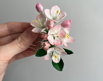 Unique hair comb, apple blossom in cold porcelain, hair clips, rustic wedding hair comb, hair accessories, bridal hair piece, hair clip