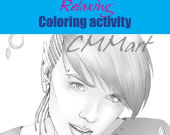 Printable handdrawn Coloring Page relaxing activity for home schooling and adult hobby fun Punk Elf girl greyscale