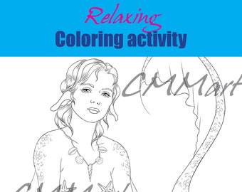 Printable handdrawn Coloring Page relaxing activity for home schooling and adult hobby fun Sea Mermaid 09 lineart