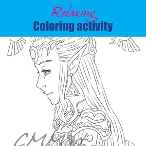 Printable handdrawn Coloring Page relaxing activity for home schooling and adult hobby fun princess zelda OOT lineart