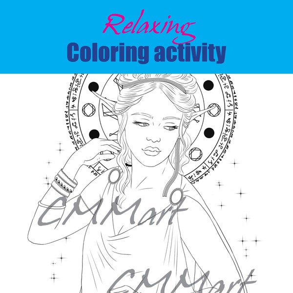 Printable handdrawn Coloring Page relaxing activity for home schooling and adult hobby fun ancient Elven Portrait lineart