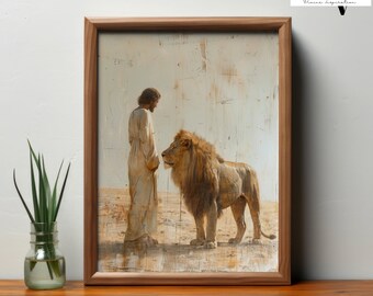 May include: A painting of a man in a white robe standing in front of a lion. The painting is on a wooden background with a distressed look. The man and the lion are looking at each other.