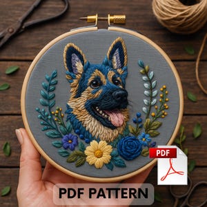 German Shepherd Embroidery Pattern PDF | Dog Hoop Art Template | Fits 3&quot;–8&quot; Hoops | Beginner Guide En/Es/Fr/De | Instant Download