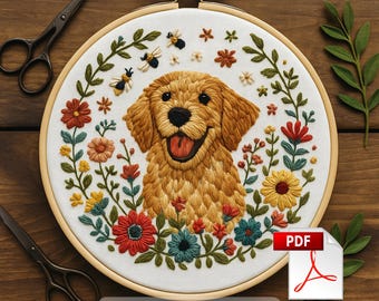 ゴールデンレトリバーの手刺繍パターン、犬のデザイン（PDF
