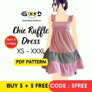Chique naaipatroon met ruchesjurk | XS-XXXL | Schortjurk PDF-patroon | Naaipatroon voor beginners voor dames | Makkelijk te maken zomerjurk