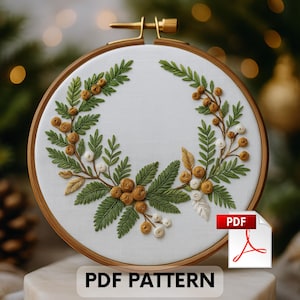 Winter Wreath Embroidery Pattern: Floral Hoop Art (Fits 3-8&quot; Hoops) (PDF Download