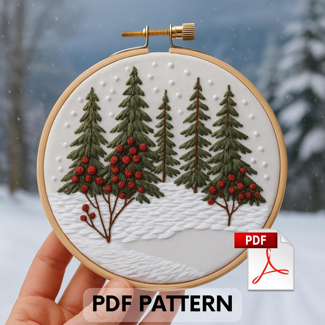 Winter Village Embroidery Pattern | Snowy Trees Hoop Art (PDF Pattern ...