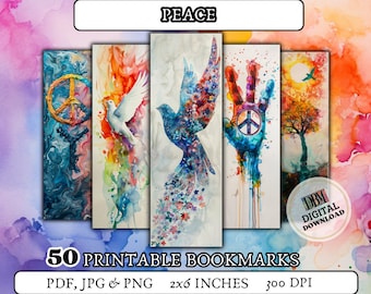 50 PEACE printable bookmarks/ digital bookmark/ watercolor bookmarks/ art bookmark/ gift for girls/ gift for booklover/ peace bookmark