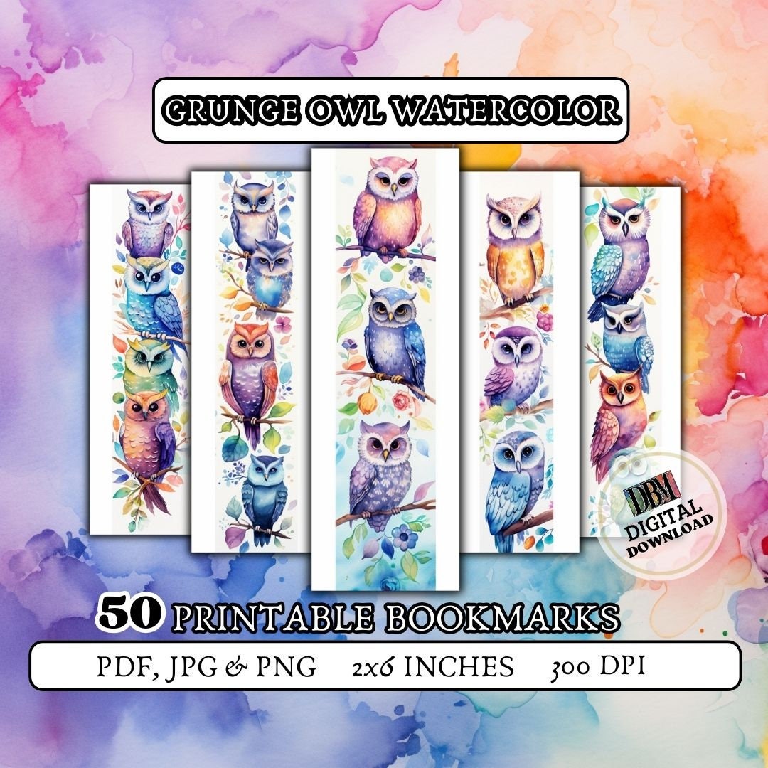 50 OWL WATERCOLOR printable bookmarks/ digital bookmark/ Owl Bookmarks/ gift for girls/ gift for boo