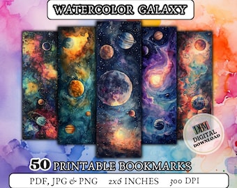 50 WATERCOLOR GALAXY printable bookmarks/ digital bookmark/design bookmarks/ starry sky /gift for girls/gift for booklover/unique bookmark