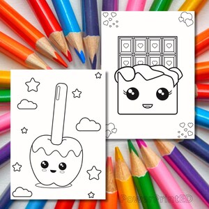 May include: Two printable colouring pages featuring cute cartoon food characters. The first page shows a chocolate bar with a smiling face and hearts. The second page shows a caramel apple with a smiling face and stars.