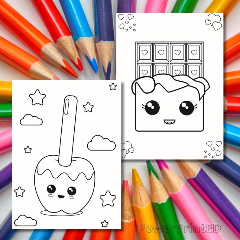 May include: Two printable colouring pages featuring cute cartoon food characters. The first page shows a chocolate bar with a smiling face and hearts. The second page shows a caramel apple with a smiling face and stars.