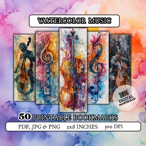 50 WATERCOLOR MUSIC printable bookmarks/digital bookmark/design bookmark/music bookmark/gift for girl/gift for booklover/bookmark for reader