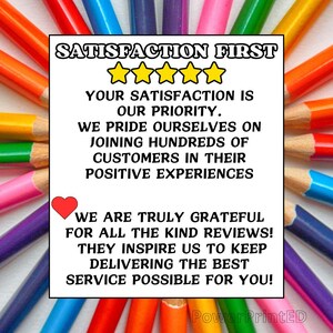 May include: A white card with the text "SATISFACTION FIRST" in black letters, followed by five gold stars. The text continues with "YOUR SATISFACTION IS OUR PRIORITY. WE PRIDE OURSELVES ON JOINING HUNDREDS OF CUSTOMERS IN THEIR POSITIVE EXPERIENCES. WE ARE TRULY GRATEFUL FOR ALL THE KIND REVIEWS! THEY INSPIRE US TO KEEP DELIVERING THE BEST SERVICE POSSIBLE FOR YOU!" The card is surrounded by a border of colorful pencils.