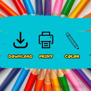 May include: Download, print, and color a printable coloring page. The image shows a download icon, a printer icon, and a pencil icon. The text "PowerPrintED" is at the bottom of the image.