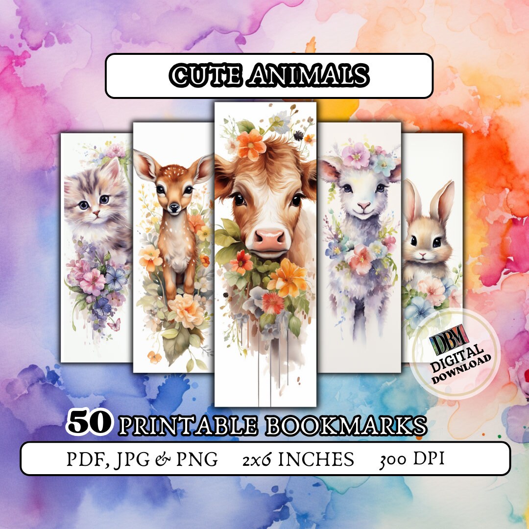 50 CUTE ANIMALS Printable Bookmarks/ Bookmark for Women/ Floral ...