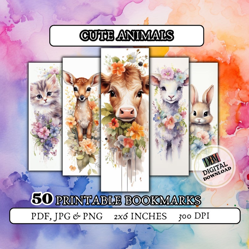 50 CUTE ANIMALS Printable Bookmarks/ Bookmark for Women/ Floral ...