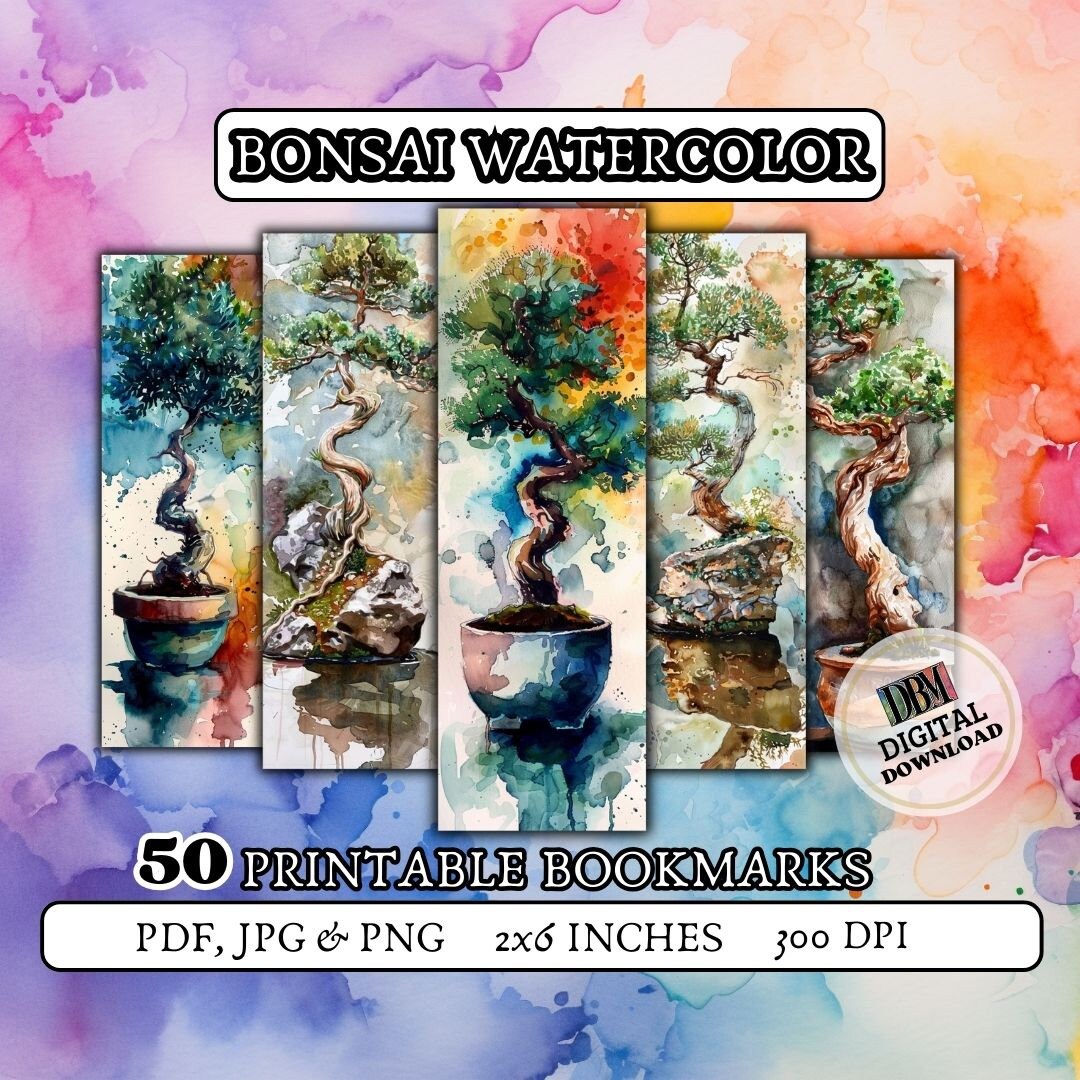 50 BONSAI WATERCOLOR Printable Bookmarks/ Digital Bookmark/ Design ...