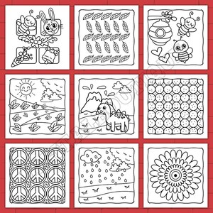 May include: A set of ten black and white coloring pages featuring various designs, including a bee, a bunny, a flower, a sun, a dinosaur, a peace sign, a flower, and a pattern of circles.