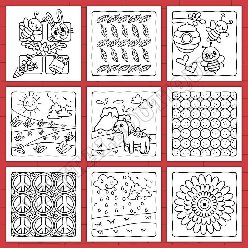 May include: A set of ten black and white coloring pages featuring various designs, including a bee, a bunny, a flower, a sun, a dinosaur, a peace sign, a flower, and a pattern of circles.