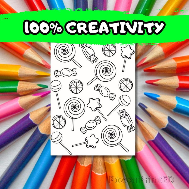 May include: A black and white printable colouring page featuring a pattern of lollipops, candy, and stars. The text "100% CREATIVITY" is at the top of the page.