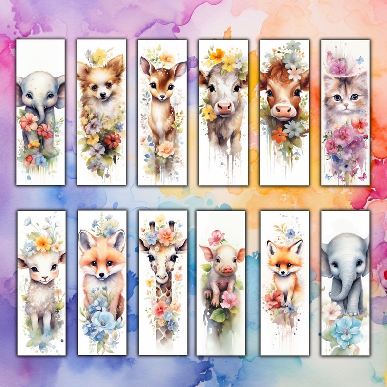50 CUTE ANIMALS Printable Bookmarks/ Bookmark for Women/ Floral ...