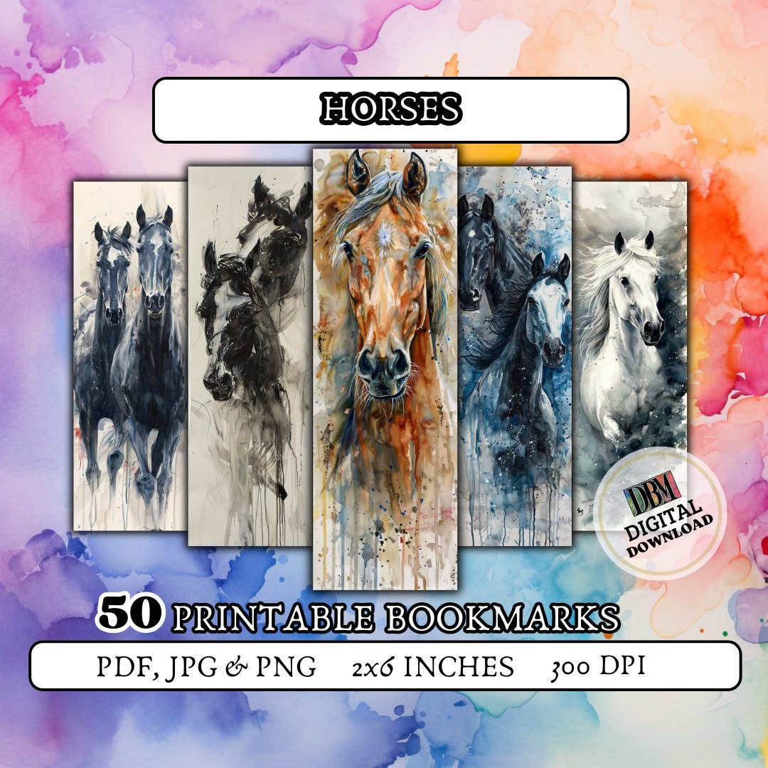50 HORSES Printable Bookmarks/ Digital Bookmark/design Bookmarks ...
